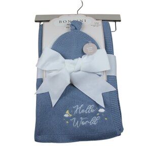 Bonbini NY Hello World Blue Baby Blanket Hat Set Knit Infant Boys 0-6 m NWT RARE